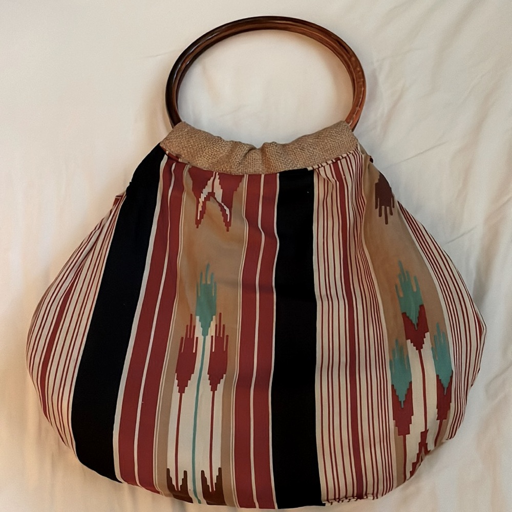 VINTAGE fabric + burlap reversible tote bag